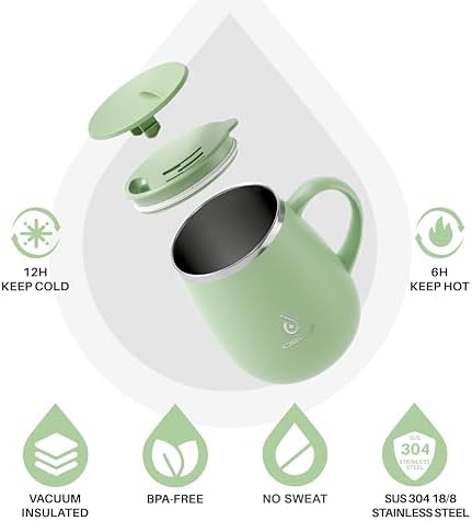 Ideus 16 oz Insulated Coffee Mug with Lid and Handle (Avocado Green 2.0)
