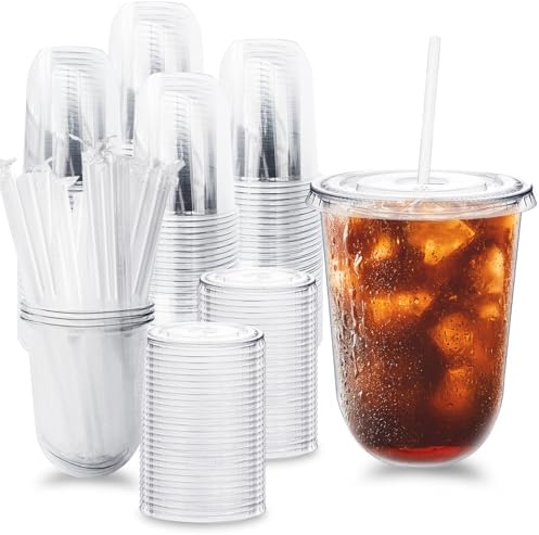 Alaeseje 100 Pack 16 oz Clear Plastic Iced Coffee Cups with Lids and Straws