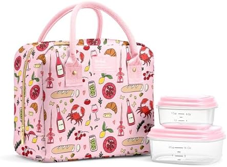 Fit & Fresh Bloomington Lunch Bag for Women - Insulated Large Lunch Box for Work with Containers, Leak-Resistant, Stain-Resistant, Zipper Closure, Pink Pasta Dinner