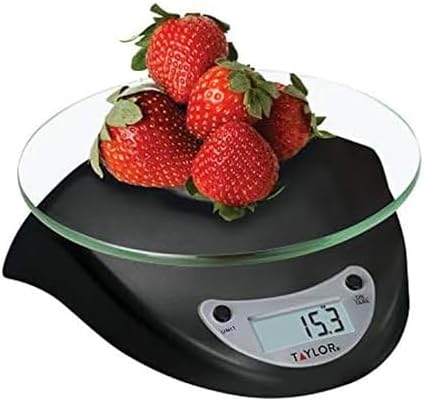 Taylor Digital Kitchen Scale with Glass Platform, Tare Button, and Plastic Body Weighs up to 11 Pounds Capacity, Black