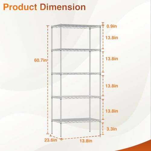 BestOffice | 5-Tier Wire Shelf | 14" x 24" x 60" | Chrome