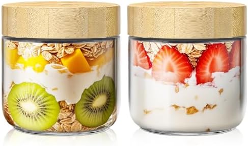 10 oz Overnight Oats Containers with Bamboo Lids, Glass Mason Jars 2 Pack