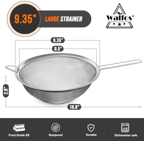Walfos 9.35 Inch Large Fine Mesh Strainer, Stainless Steel 30 Mesh Sieve with Sturdy Handle, Kitchen Food Strainers Sifters for Rice, Quinoa, Pasta, Fruits, Vegetables, etc.