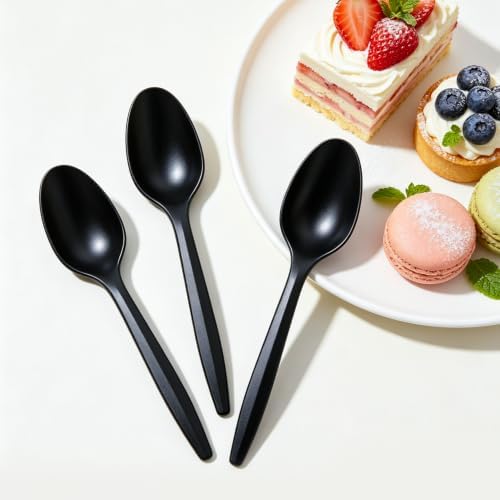 CXPSINC 300 Pack Plastic Spoons Disposable, Individually Wrapped Heavy Duty Cutlery Bulk, Sturdy Polypropylene Spoons for Restaurants, Takeout, Cafeterias, Parties (300 Pack-Black-Spoon)