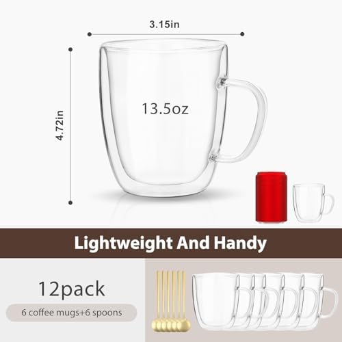 VENVENWEAVS Glass Coffee Mugs Set Of 6, 13.5 OZ Insulated Double Wall Coffee Cups, Perfect for Cappuccino, Latte, Americano, Tea Bag, Beverage,Glass Coffee Cups With Handles