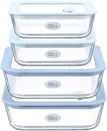 Urban Green Glass Food Container Set with Silicone Glass Lid, Square Shape, 4 Pack, Airtight, LeakProof, 100% Plastic Free, Meal Prep Food Storage Containers, Blue Color