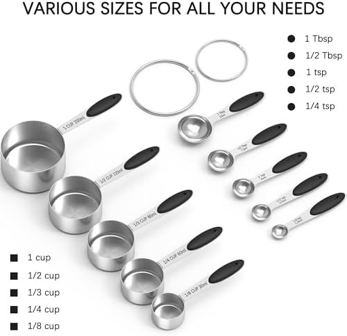 TILUCK Stainless Steel Measuring Cups and Spoons Set with Silicone Handle – Nesting Design for Space-Saving, Heavy Duty & Dishwasher Safe for Dry/Liquid Ingredients, Cooking & Baking (10)