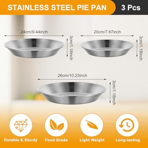 3 Pcs Stainless Steel Pie Pan Set, Pizza Pan Deep Pie Dish Pie Plate Baking Tray Dishes for Pizza Baking Serving Oven Grill, 3 Sizes
