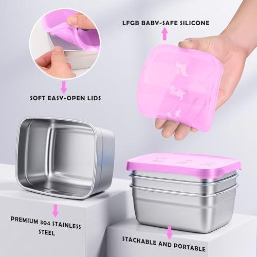 Tanjiae 3-Pack Stainless Steel Snack Containers for Kids & Toddlers - 550ml (18oz) Leakproof Colorful Lids with Cute Dinosaurs | LFGB Certified, Stackable Metal Lunch Box for Daycare, School, Travel