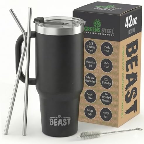 Beast 42 oz Tumbler with Handle Stainless Steel Vacuum Insulated Coffee Ice Cup Double Wall Travel Flask (Matte Black)