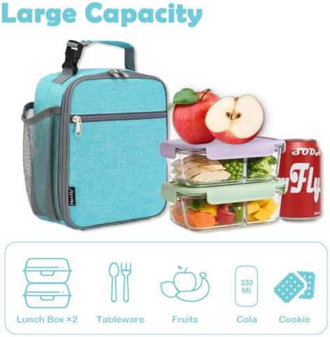 FlowFly Kids Lunch box Insulated Soft Bag Mini Cooler Back to School Thermal Meal Tote Kit for Girls, Boys, Sea Blue