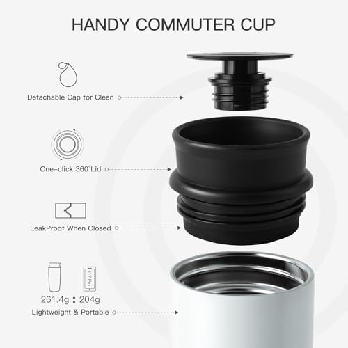 Travel Coffee Mug with 360°Lid, 12 oz Coffee Tumbler Insulated Travel Mugs for Hot and Cold, Vacuum Insulated Stainless Steel Coffee Cup Leak Proof Spill Proof-Matte White
