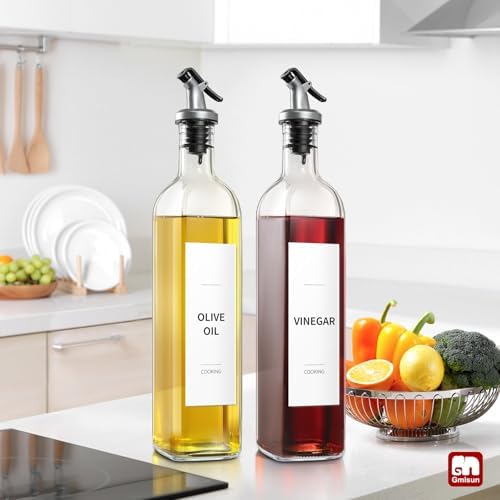 gmisun Oil and Vinegar Dispenser Bottles Set, 2 Pack 17 Fl Oz Olive Oil Dispensers Bottle for Kitchen, Clear Glass Cooking Vegetable Oil Container Cruet Set with Plastic Pourer Spout & Labels