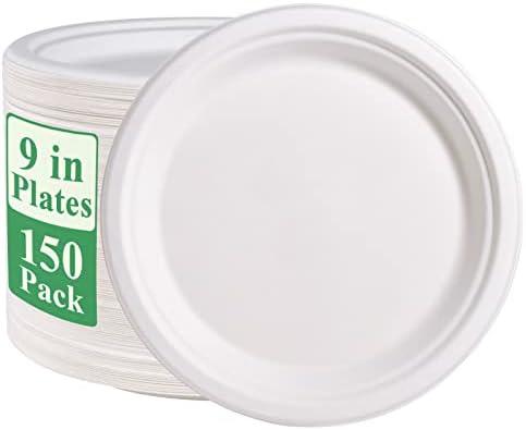 Vplus 150 Pack Compostable Bagasse Paper Plates 9 inch, White