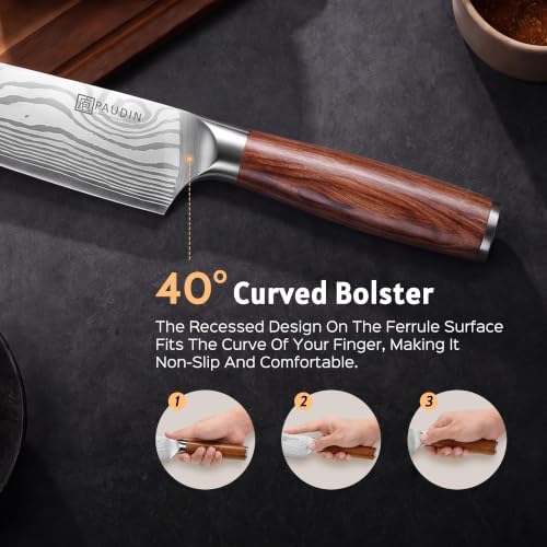 PAUDIN 16-Piece Kitchen Knife Set with Block, Built-in Sharpener, Ultra Sharp 5Cr15Mov Stainless Steel Chef Knives, Natural Wood Handles, Steak Knives, Scissors & Honing Rod, Complete Cutlery Set