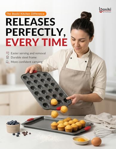 Boxiki Kitchen 24 Cup Mini Muffin Pan with Silicone Handles | Professional Non-Stick Cupcake Pan for Muffins, Cupcakes, Egg Bites, and More