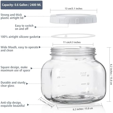 0.6Gal Airtight Glass Jar with Lid, Wide Mouth Mason Jar for Storage, 2 Pcs