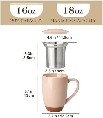 MALACASA Ceramic 18 oz Tea Mug with Lid and Infuser, Khaki Pink
