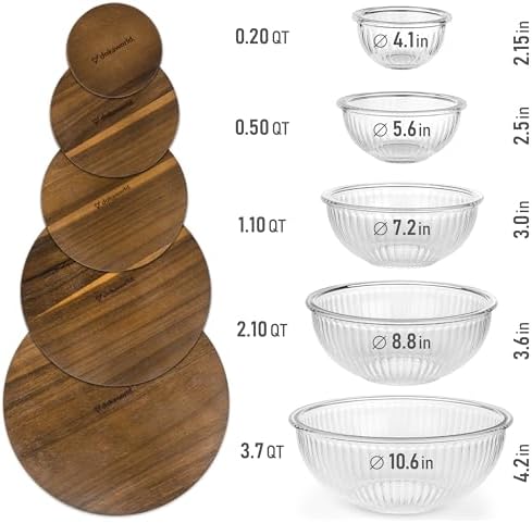 Stackable Glass Mixing Bowls with Acacia Lids Set of 5
