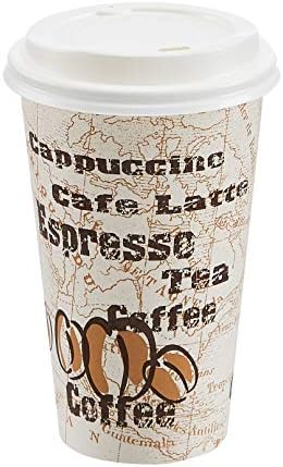 Amazon Basics Disposable Hot Paper Coffee Cups with Lids, To Go, Café Design, 16 oz, 100-Count