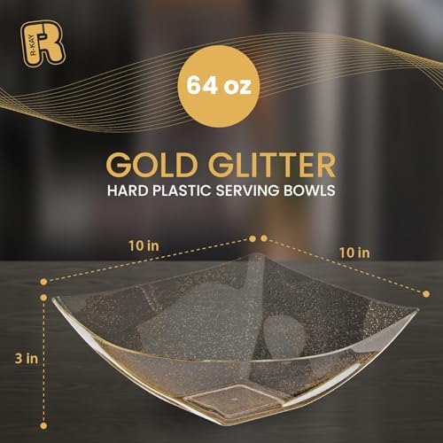 R-kay 6 Pack Plastic Serving Bowls - 64 OZ Gold Glitter Bowls - Salad Bowls Large Serving - Premium Heavy Duty For Weddings Catering And Birthday parties