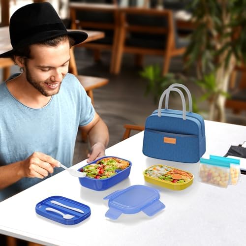 JBGOYON Leakproof Bento Box & Insulated Lunch Bag Set, 4-Piece, Blue