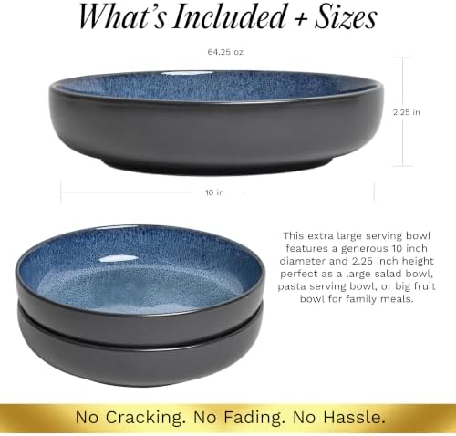 Sango Resona Blue & Black Large Serving Bowl (Set of 2), 64.25 oz, 10" Stoneware Bowls for Pasta, Salad & Dinner, Ceramic Bowls for Entertaining with Glossy Reactive Glaze, Dishwasher & Microwave Safe