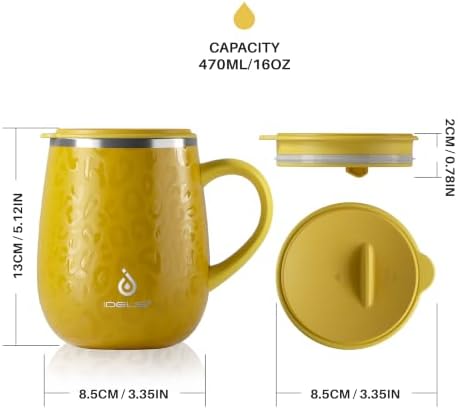 Ideus 16 oz Insulated Coffee Mug with Lid and Handle (Leopard Yellow)