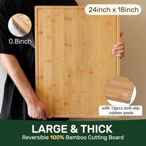 Kikcoin 24”×18” Bamboo Cutting Boards for Kitchen, Wooden Healthy Cutting Boards for Charcuterie, Vegetables, Cheese, Bread, Extra Large Chopping Boards with Deep Juice Groove and Handle, Natural