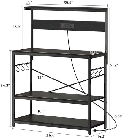 SUPERJARE Bakers Rack with Power Outlets, Microwave Stand, 39.4 X 14.3 Inch Larger Desktop, Kitchen Storage Rack with Adjustable Middle Shelf, 6 S-Shaped Hooks, Coffee Bar Stand, Black