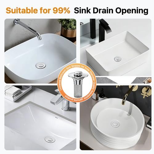2PCS Bathroom Sink Stopper Hair Catcher, Pop Up Sink Drain Stopper with Strainer & Filter, Universal Drain Plug for Sink Drain & Replacement, Sink Drain Cover with Basket for Bathroom Stopper