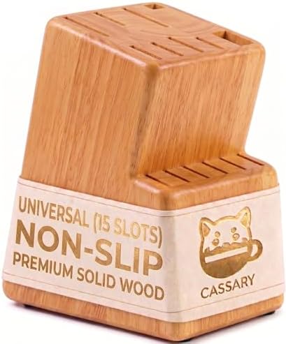 Kitchen knife holder elegant & sturdy (15 slots). Universal knife block with slots for knives, scissor and sharpenner. Knife Block without Knives. Kitchen knife holders for counter top. (Rubber Wood)