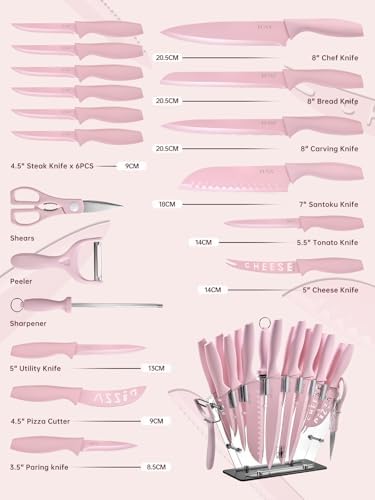 EUNA Knife Block Set, 19 PCS Kitchen Knife Set with Acrylic Block and Sharpener, German High-Carbon Stainless Steel Knife Sets with 6 Serrated Steak Knives, Bread Knife, Chef Knife, Rust-Proof