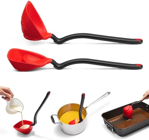 Dreamfarm Fladle Fold-Flat, Space-Saving Serving & Cooking Ladle Measures up to 1/2 Cup with Silicone Scraping Squeegee-Tip - 12" Red