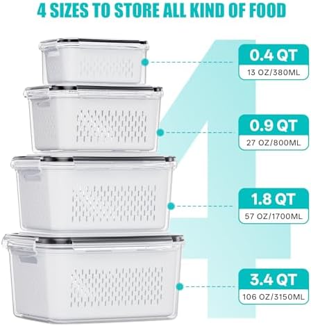 4 Pack Fruit Storage Containers for Fridge Set, BPA Free Produce Containers
