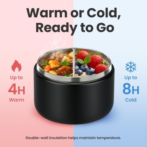 Pawtong 12oz Insulated Vacuum Food Jar with Buckle Lid Wide Mouth Soup Thermo for Hot Food Kids Leakproof Stainless Steel Lunch Container- Black- 1Pack