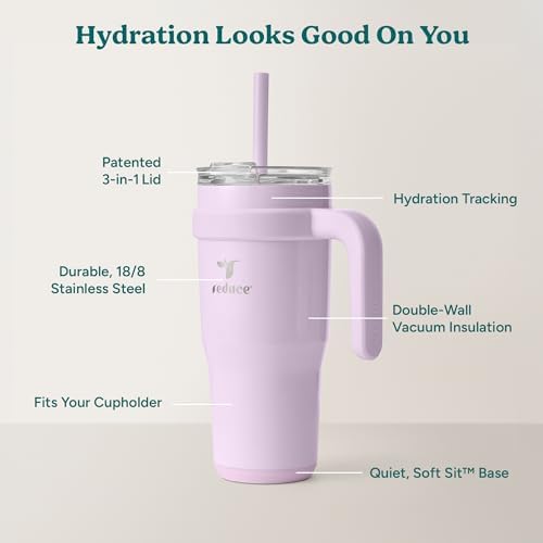 REDUCE 24 oz Stainless Steel Tumbler with Handle - Dual-Wall Vacuum Insulated Travel Mug, Sweat-Proof Lid & Reusable Straw - Keeps Drinks Cold for 24 Hrs, Fits Cupholders, Dishwasher Safe - Lilac Bud