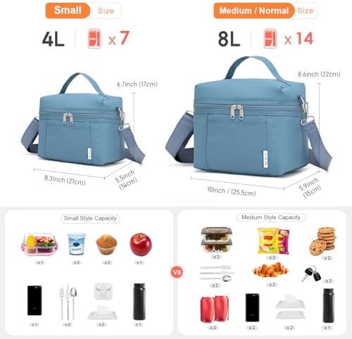 NOL Insulated Lunch Bags for Women Cooler Bag Lightweight Nylon Waterproof Lunch Box for Work Dusty Blue Small 4L