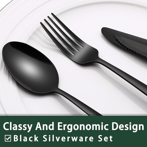 EWFEN 24-Piece Black Silverware Set with Steak Knives, Black Flatware Set for 4, Food-Grade Stainless Steel Tableware Cutlery Set, Mirror Finished Utensil Sets for Home Restaurant, Heavy Duty