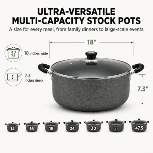American Dream 37QT Sauce Pot with Glass Lid | Heavy-Duty Aluminum Stock Pot for Soups, Stews, Pasta & Seafood |Dutch Oven Style Cooking Pot with Stay-Cool Handles | Easy-Clean, PFOA-Free Cookware