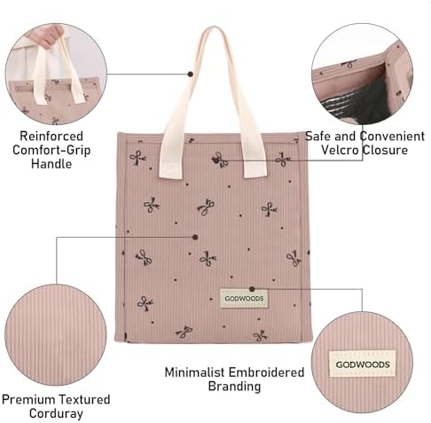 TELLUMO Corduroy Insulated Lunch Bag, 7.75L Large Capacity Reusable Lunch Box, Cute Lunch Tote for Women Men, Leakproof Lunch Cooler for Work Picnic Travel (Corduroy Pinkbow)
