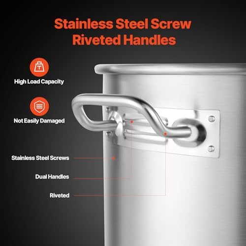 VEVOR Stainless Steel Stockpot, 100 Quart Large Cooking Pots, Cookware Sauce Pot with Basket, Lid, and Handle, Heavy Duty Commercial Grade Stock Pot, Sanding Treatment, for Large Groups Events Silver