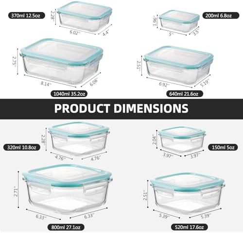 Liuruiyu Glass Food Storage Containers with Lids, 8 Pack Meal Prep Containers, Airtight Bento Boxes with Leak Proof Locking for Microwave, Oven, Freezer and Dishwasher, BPA Free（5oz to 36oz）