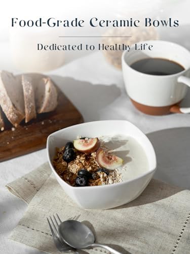 DOWAN Porcelain Soup Bowls Set of 6, 27 OZ Ceramic Square Cereal Bowls, Soft White Bowl, for Ice Cream and Dessert Snack, Wedding Party Gift, Microwave Safe Bowl