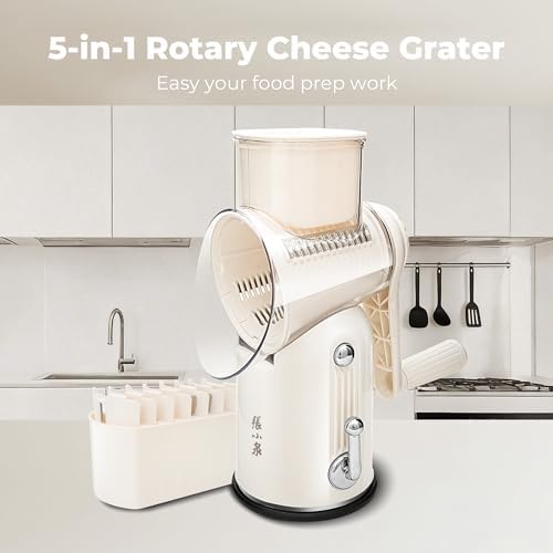 5 in 1 Rotary Cheese Grater, Beige Hand Crank Vegetable Cutter with 5 Stainless Steel Interchangeable Blades, Mandoline Slicer for Potatoes Onions Veggies Nuts