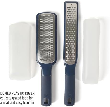 Calphalon Prime Grater and Zester, 2-Piece Stainless Steel Cheese Grater & Lemon Zester Set, Kitchen Graters with Non-Slip Rubber Handles & Protective Covers for Cheese & Vegetables, Navy Blue