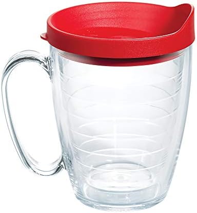 Tervis Clear & Colorful Lidded Made in USA Double Walled Insulated Tumbler Travel Cup Keeps Drinks Cold & Hot, 16oz Mug, Red Lid