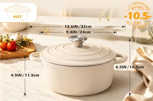 Leonyo 4-Quart Enameled Cast Iron Dutch Oven Pot with Lid, Light Sandalwood