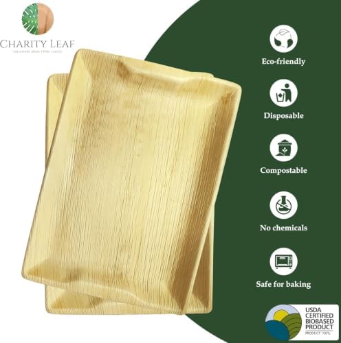 Charity Leaf Disposable Bamboo 14" x 10" Trays (200 Pieces) Bamboo Serving Platters, Disposable Boards, Eco-Friendly Dinnerware For Weddings, Catering, Events