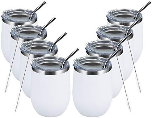MEWAY 12oz/8 Pack Wine Tumbler Glasses with Lid - Stemless Double Wall Vacuum Stainless Steel Travel Tumbler - Keeping Cold & Hot for Wine,Coffee,Cocktails,Drinks-Family and Gifts (White,Set of 8)
